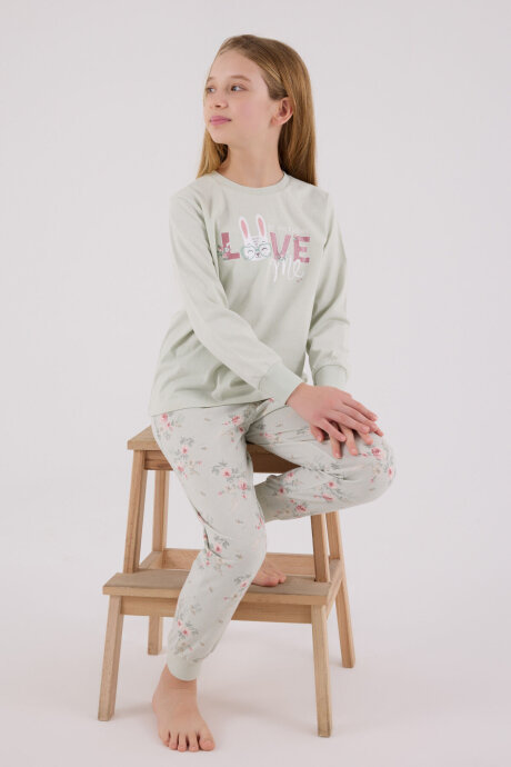 Rolypoly Kız Çocuk Pamuklu Bisiklet Yaka Pigment Baskılı Kışlık Regular Fit Yeşil Pijama Takımı RP3703-C-V1