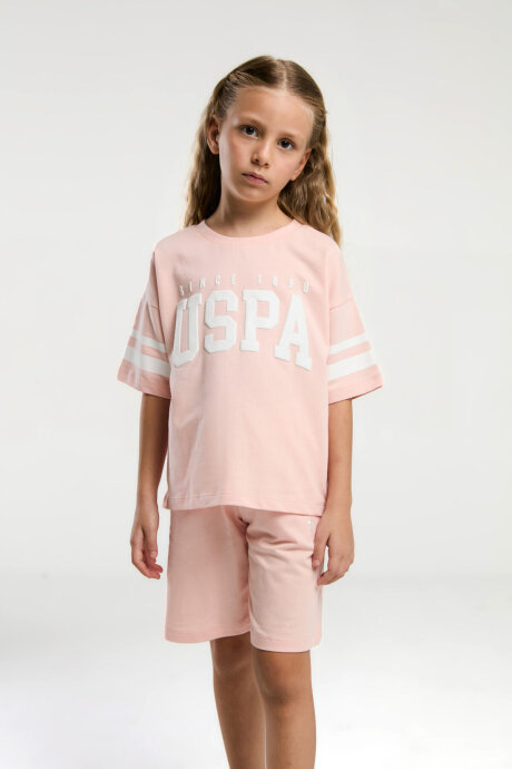 U.S. Polo Assn. Kız Çocuk Bisiklet Yaka Pigment Baskılı Yazlık Regular Fit Pembe Bermuda Takım US2091-C-V4 - 1