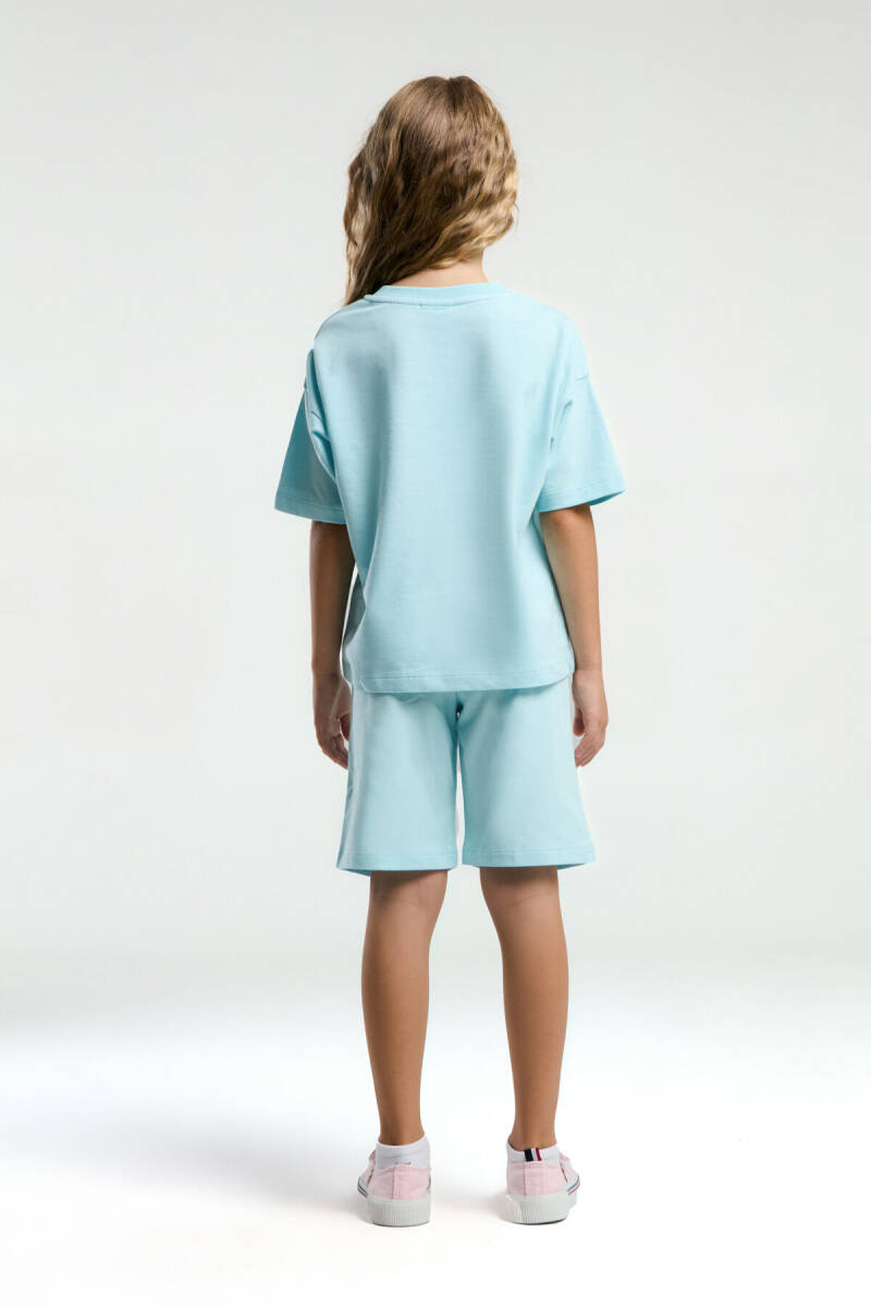 U.S. Polo Assn. Kız Çocuk Pamuklu Bisiklet Yaka Sargı Nakışlı Yazlık Regular Fit Mavi Bermuda Takım US2090-C-V5 - 4