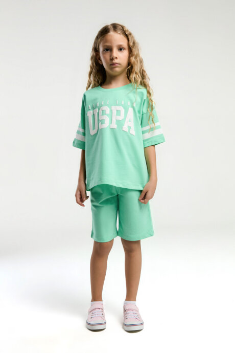 U.S. Polo Assn. Kız Çocuk Bisiklet Yaka Pigment Baskılı Yazlık Regular Fit Yeşil Bermuda Takım US2091-C-V3 