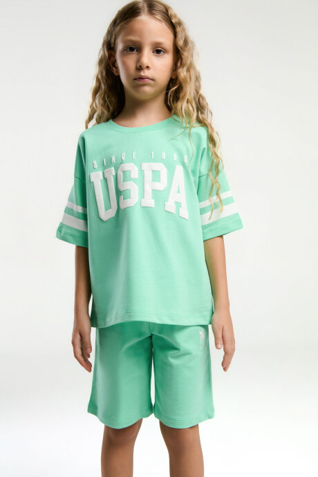 U.S. Polo Assn. Kız Çocuk Bisiklet Yaka Pigment Baskılı Yazlık Regular Fit Yeşil Bermuda Takım US2091-C-V3 - 3