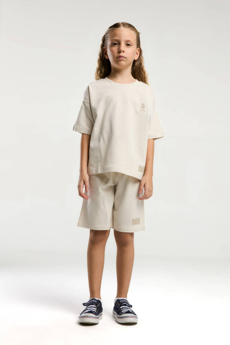 U.S. Polo Assn. Kız Çocuk Pamuklu Bisiklet Yaka Sargı Nakışlı Yazlık Regular Fit Krem Bermuda Takım US2090-C-V4 - 1