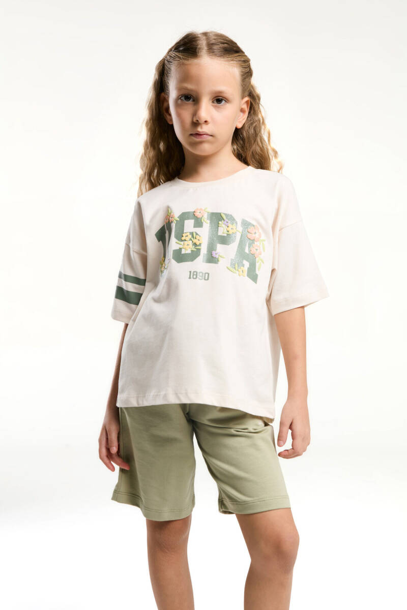 U.S. Polo Assn. Kız Çocuk Pamuklu Bisiklet Yaka Pigment Baskılı Yazlık Regular Fit Krem Bermuda Takım US2070-C-V1 - 1