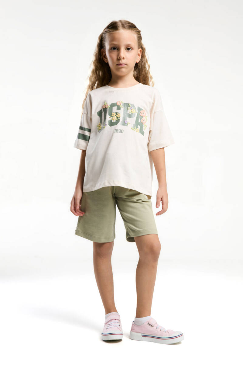 U.S. Polo Assn. Kız Çocuk Pamuklu Bisiklet Yaka Pigment Baskılı Yazlık Regular Fit Krem Bermuda Takım US2070-C-V1 - 2