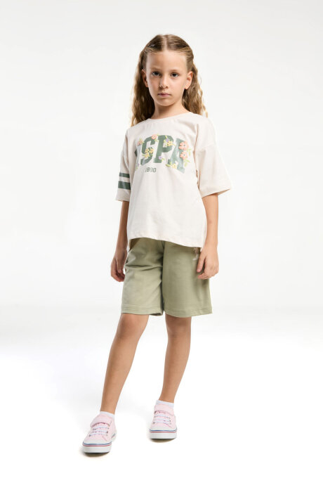 U.S. Polo Assn. Kız Çocuk Pamuklu Bisiklet Yaka Pigment Baskılı Yazlık Regular Fit Krem Bermuda Takım US2070-C-V1 - 3