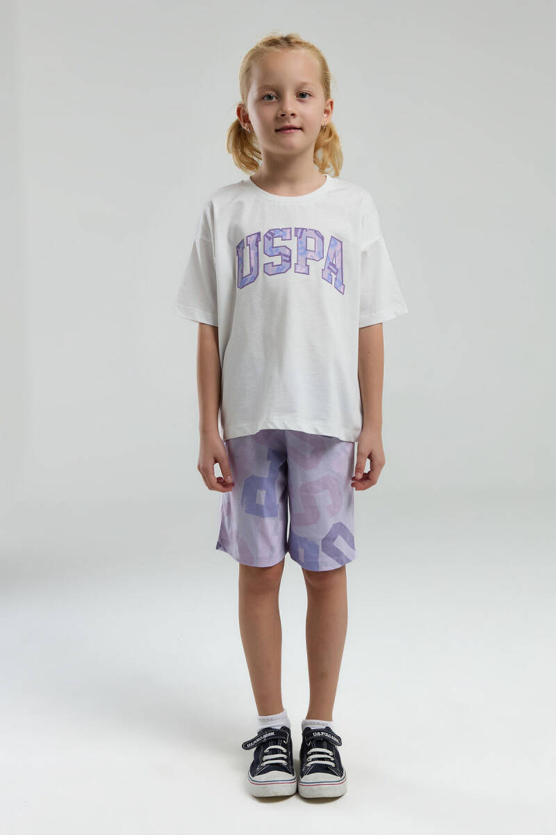 U.S. Polo Assn. Kız Çocuk Pamuklu Bisiklet Yaka Pigment Baskılı Yazlık Regular Fit Beyaz Bermuda Takım US2084-C-V1 - 2