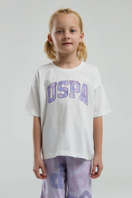 U.S. Polo Assn. Kız Çocuk Pamuklu Bisiklet Yaka Pigment Baskılı Yazlık Regular Fit Beyaz Bermuda Takım US2084-C-V1 - 3