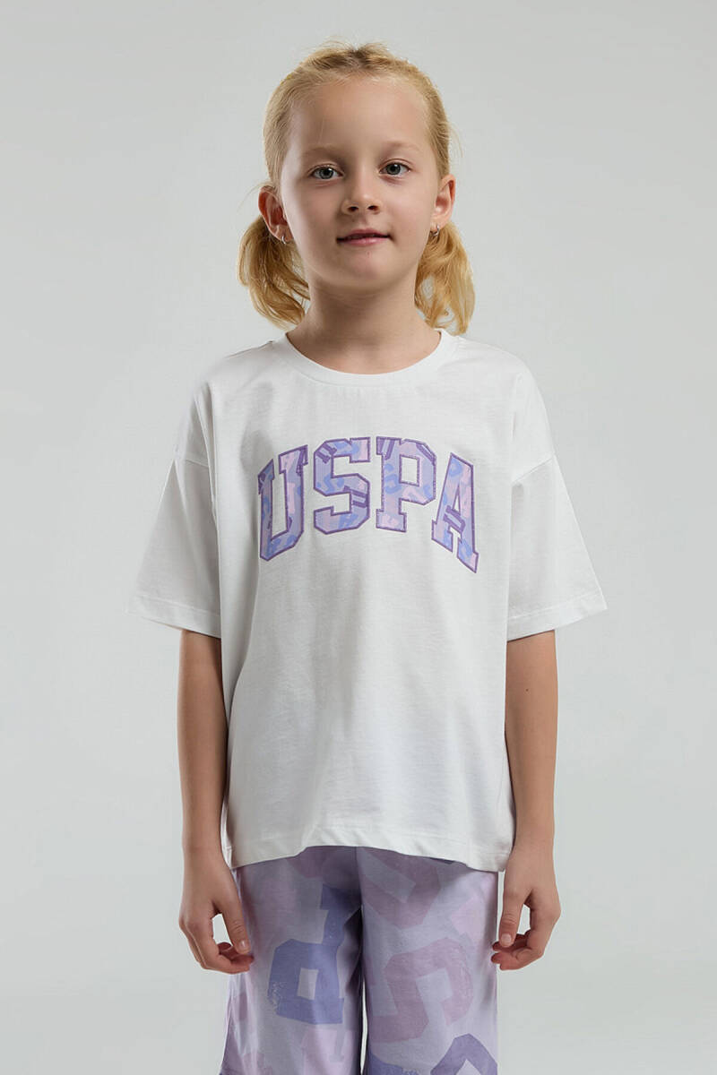 U.S. Polo Assn. Kız Çocuk Pamuklu Bisiklet Yaka Pigment Baskılı Yazlık Regular Fit Beyaz Bermuda Takım US2084-C-V1 - 3