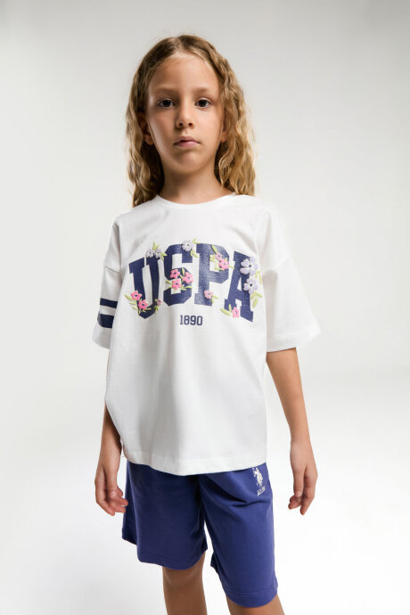 U.S. Polo Assn. Kız Çocuk Pamuklu Bisiklet Yaka Pigment Baskılı Yazlık Regular Fit Beyaz Bermuda Takım US2070-C-V2 - 2