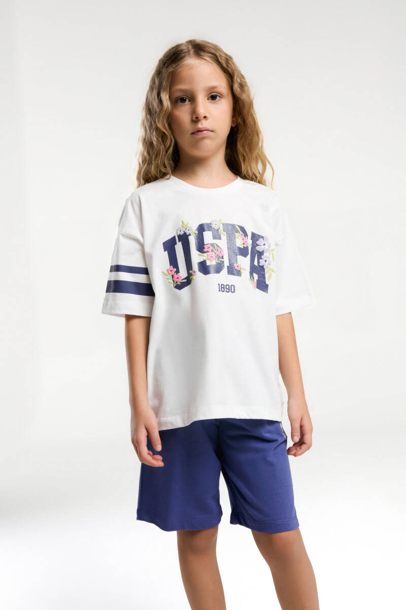 U.S. Polo Assn. Kız Çocuk Pamuklu Bisiklet Yaka Pigment Baskılı Yazlık Regular Fit Beyaz Bermuda Takım US2070-C-V2 - 4
