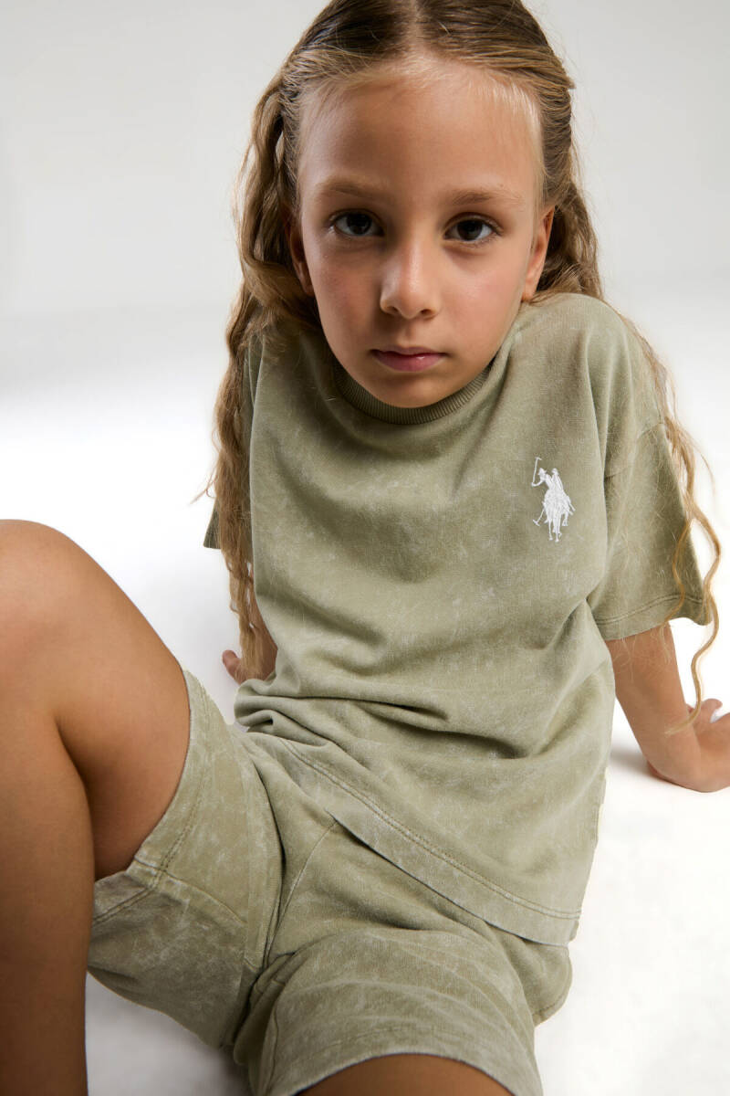 U.S. Polo Assn. Kız Çocuk Pamuklu Bisiklet Yaka Sargı Nakışlı Yazlık Regular Fit Yeşil Bermuda Takım US2089-C-V4 - 2