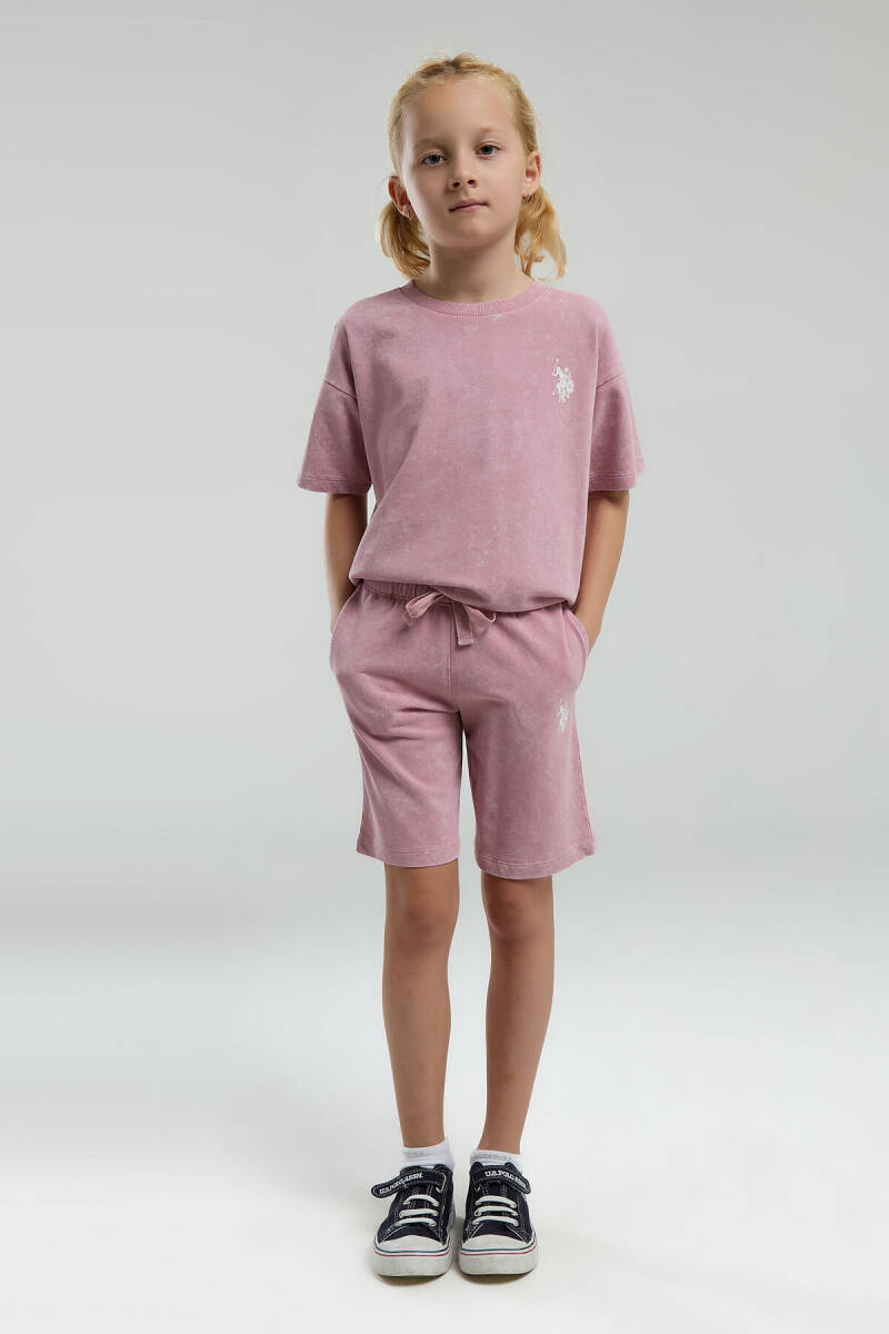 U.S. Polo Assn. Kız Çocuk Pamuklu Bisiklet Yaka Sargı Nakışlı Yazlık Regular Fit Pembe Bermuda Takım US2089-C-V3 - 1