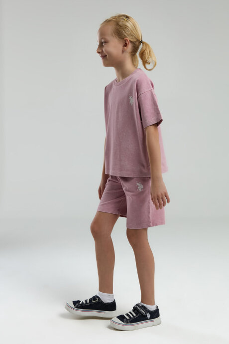 U.S. Polo Assn. Kız Çocuk Pamuklu Bisiklet Yaka Sargı Nakışlı Yazlık Regular Fit Pembe Bermuda Takım US2089-C-V3 - 2