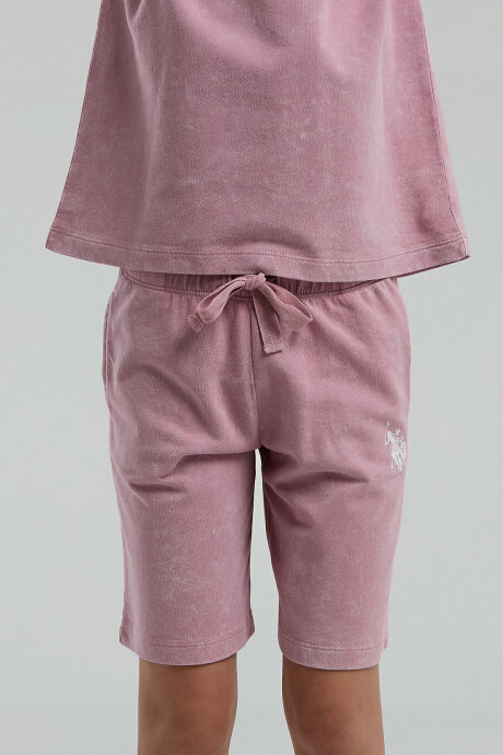 U.S. Polo Assn. Kız Çocuk Pamuklu Bisiklet Yaka Sargı Nakışlı Yazlık Regular Fit Pembe Bermuda Takım US2089-C-V3 - 3