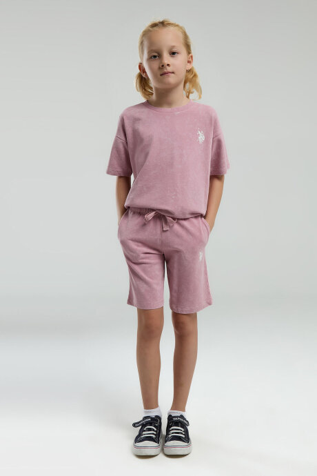 U.S. Polo Assn. Kız Çocuk Pamuklu Bisiklet Yaka Sargı Nakışlı Yazlık Regular Fit Pembe Bermuda Takım US2089-C-V3 