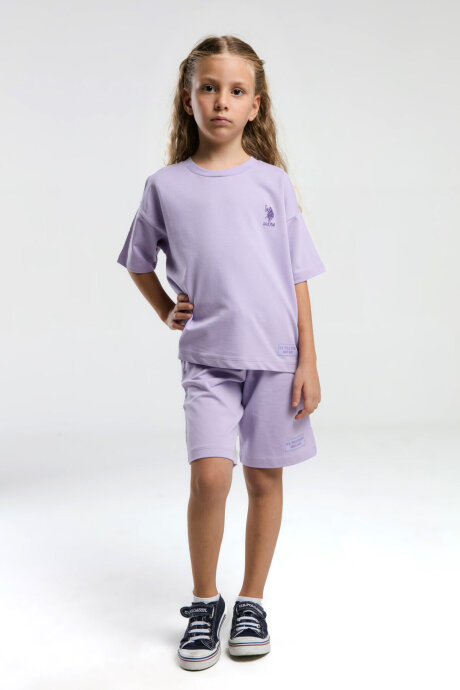 U.S. Polo Assn. Kız Çocuk Pamuklu Bisiklet Yaka Sargı Nakışlı Yazlık Regular Fit Mor Bermuda Takım US2090-C-V1 - 2
