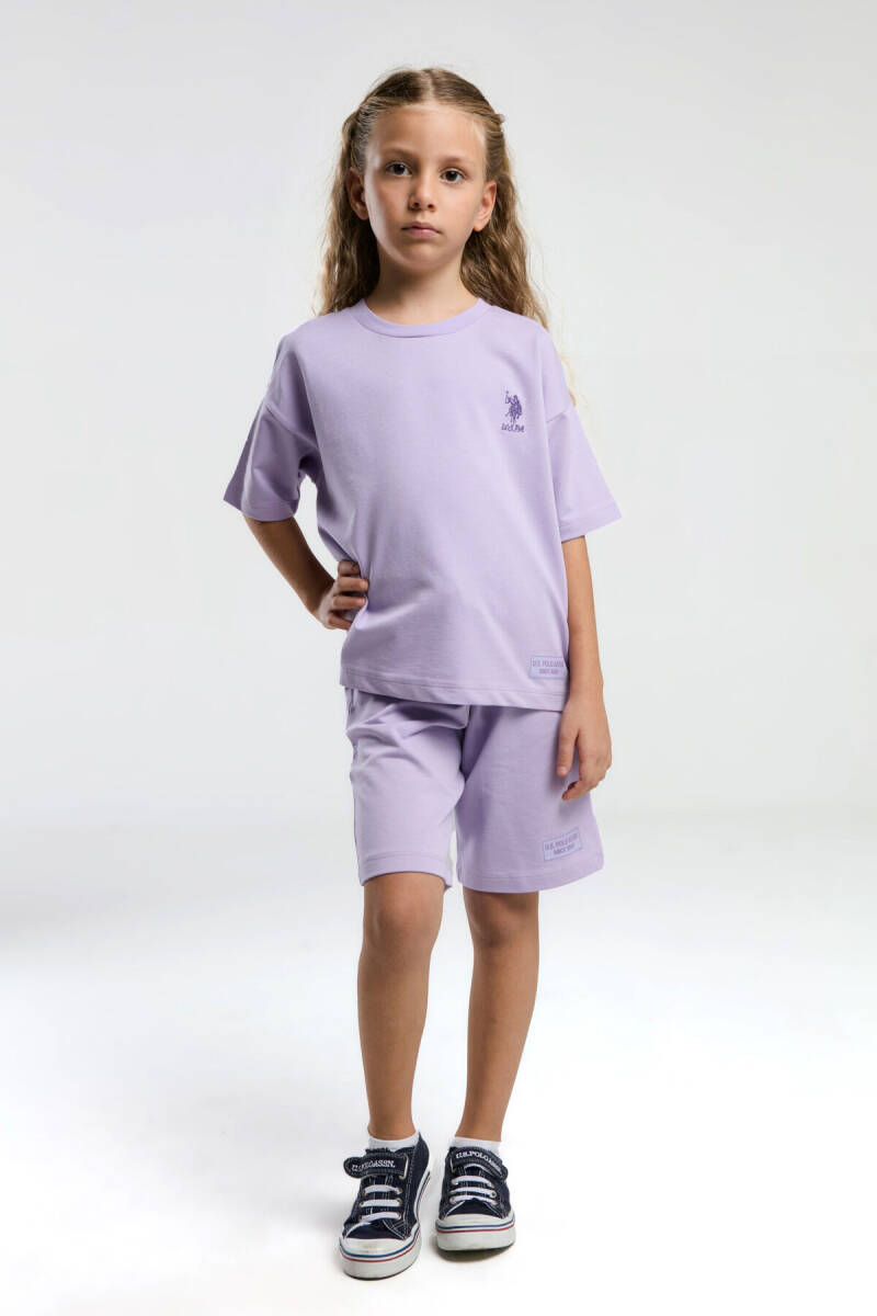 U.S. Polo Assn. Kız Çocuk Pamuklu Bisiklet Yaka Sargı Nakışlı Yazlık Regular Fit Mor Bermuda Takım US2090-C-V1 - 2