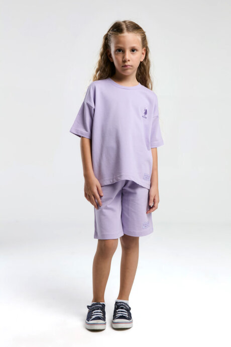 U.S. Polo Assn. Kız Çocuk Pamuklu Bisiklet Yaka Sargı Nakışlı Yazlık Regular Fit Mor Bermuda Takım US2090-C-V1 - 3