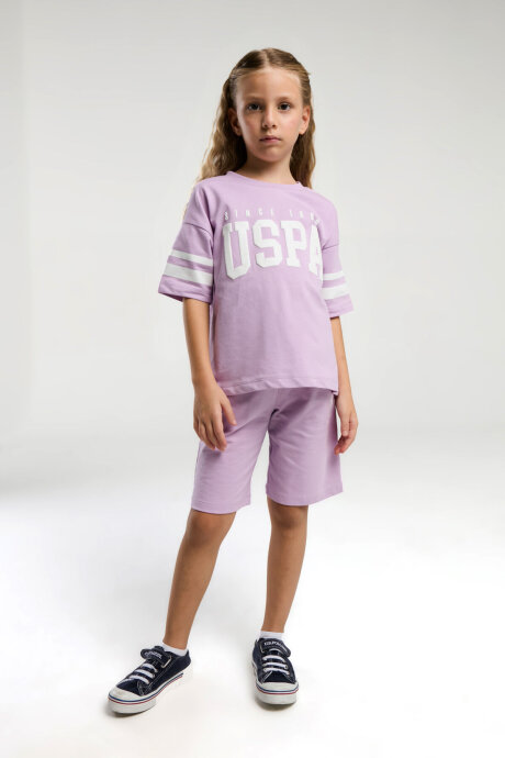 U.S. Polo Assn. Kız Çocuk Pamuklu Bisiklet Yaka Pigment Baskılı Yazlık Regular Fit Mor Bermuda Takım US2091-C-V1 - 2
