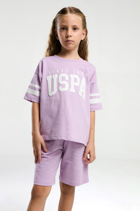 U.S. Polo Assn. Kız Çocuk Pamuklu Bisiklet Yaka Pigment Baskılı Yazlık Regular Fit Mor Bermuda Takım US2091-C-V1 - 3