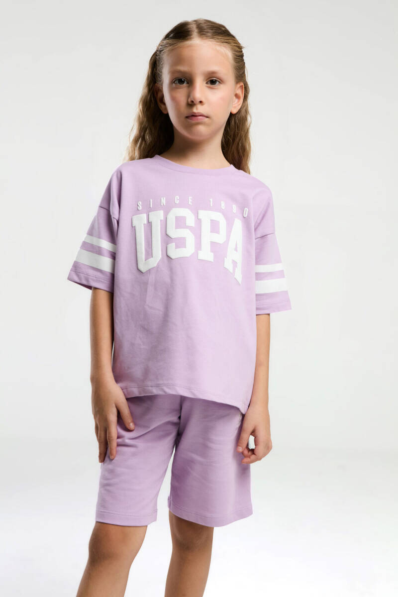 U.S. Polo Assn. Kız Çocuk Pamuklu Bisiklet Yaka Pigment Baskılı Yazlık Regular Fit Mor Bermuda Takım US2091-C-V1 - 3