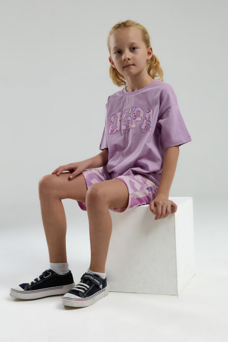 U.S. Polo Assn. Kız Çocuk Pamuklu Bisiklet Yaka Pigment Baskılı Yazlık Regular Fit Mor Bermuda Takım US2084-C-V2 