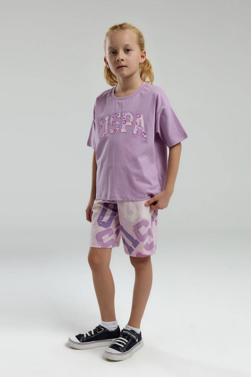 U.S. Polo Assn. Kız Çocuk Pamuklu Bisiklet Yaka Pigment Baskılı Yazlık Regular Fit Mor Bermuda Takım US2084-C-V2 - 2