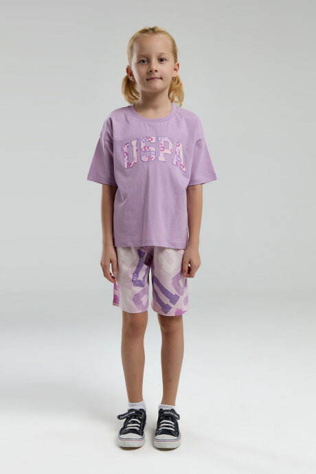 U.S. Polo Assn. Kız Çocuk Pamuklu Bisiklet Yaka Pigment Baskılı Yazlık Regular Fit Mor Bermuda Takım US2084-C-V2 - 3