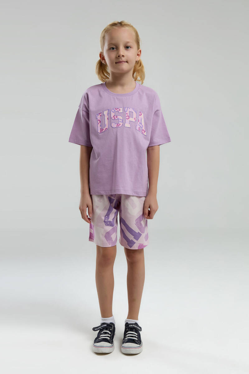 U.S. Polo Assn. Kız Çocuk Pamuklu Bisiklet Yaka Pigment Baskılı Yazlık Regular Fit Mor Bermuda Takım US2084-C-V2 - 3