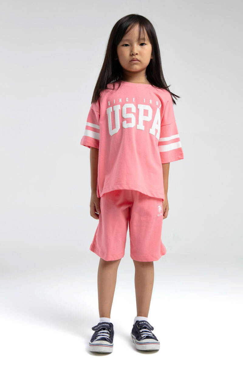 U.S. Polo Assn. Kız Çocuk Pamuklu Bisiklet Yaka Pigment Baskılı Yazlık Regular Fit Pembe Bermuda Takım US2091-C-V2 - 1