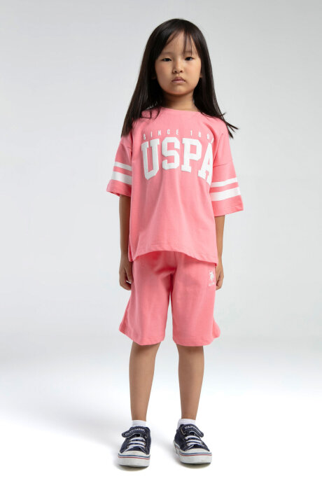 U.S. Polo Assn. Kız Çocuk Bisiklet Yaka Pigment Baskılı Yazlık Regular Fit Pembe Bermuda Takım US2091-C-V2 