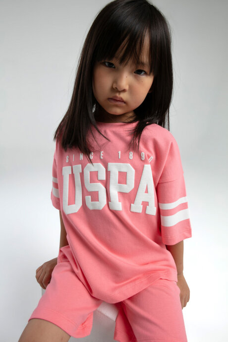 U.S. Polo Assn. Kız Çocuk Pamuklu Bisiklet Yaka Pigment Baskılı Yazlık Regular Fit Pembe Bermuda Takım US2091-C-V2 - 2