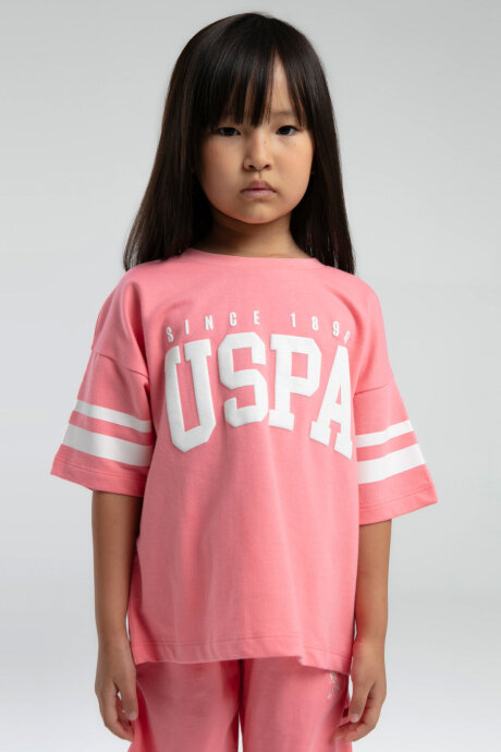 U.S. Polo Assn. Kız Çocuk Pamuklu Bisiklet Yaka Pigment Baskılı Yazlık Regular Fit Pembe Bermuda Takım US2091-C-V2 - 3
