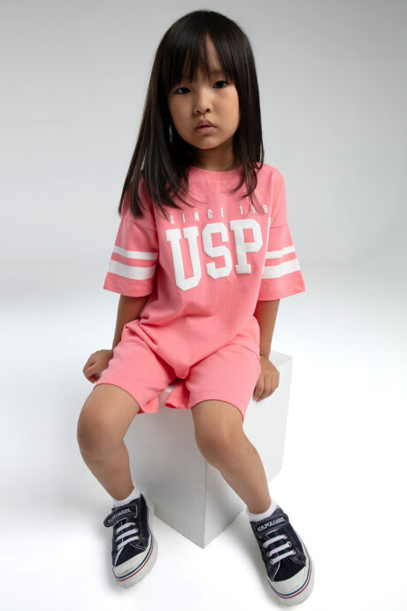 U.S. Polo Assn. Kız Çocuk Pamuklu Bisiklet Yaka Pigment Baskılı Yazlık Regular Fit Pembe Bermuda Takım US2091-C-V2 - 4