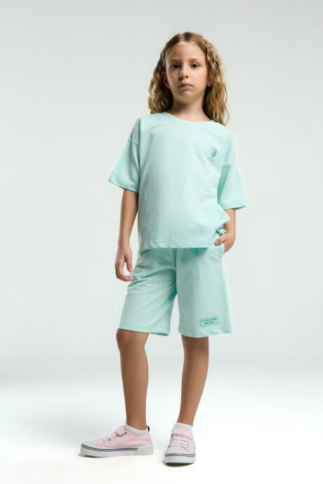 U.S. Polo Assn. Kız Çocuk Pamuklu Bisiklet Yaka Sargı Nakışlı Yazlık Regular Fit Mavi Bermuda Takım US2090-C-V2 - 2