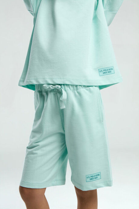 U.S. Polo Assn. Kız Çocuk Pamuklu Bisiklet Yaka Sargı Nakışlı Yazlık Regular Fit Mavi Bermuda Takım US2090-C-V2 - 4