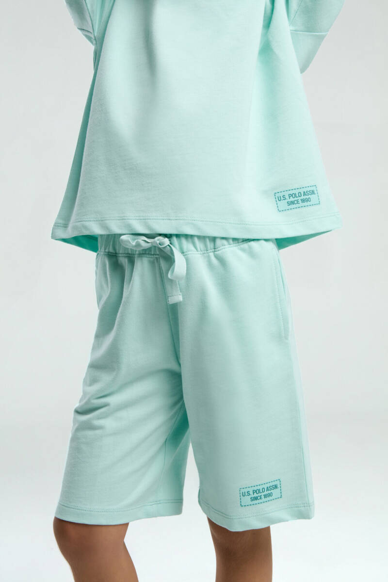 U.S. Polo Assn. Kız Çocuk Pamuklu Bisiklet Yaka Sargı Nakışlı Yazlık Regular Fit Mavi Bermuda Takım US2090-C-V2 - 4