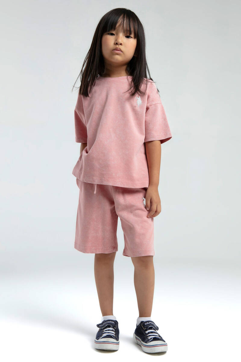 U.S. Polo Assn. Kız Çocuk Pamuklu Bisiklet Yaka Sargı Nakışlı Yazlık Regular Fit Pembe Bermuda Takım US2089-C-V2 - 1