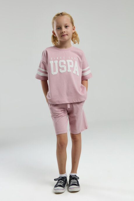 U.S. Polo Assn. Kız Çocuk Bisiklet Yaka Pigment Baskılı Yazlık Regular Fit Pembe Bermuda Takım US2091-C-V5 