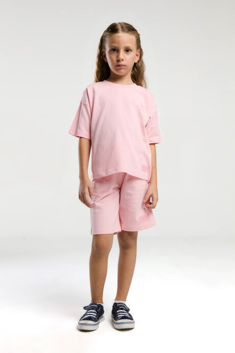 U.S. Polo Assn. Kız Çocuk Pamuklu Bisiklet Yaka Sargı Nakışlı Yazlık Regular Fit Pembe Bermuda Takım US2090-C-V3 - 1