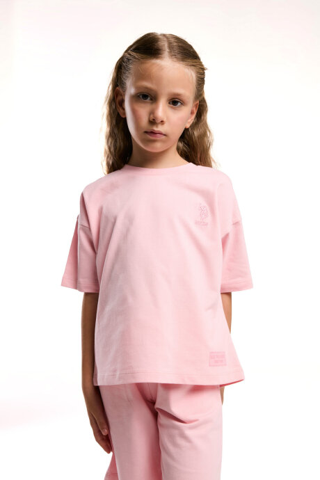 U.S. Polo Assn. Kız Çocuk Pamuklu Bisiklet Yaka Sargı Nakışlı Yazlık Regular Fit Pembe Bermuda Takım US2090-C-V3 - 2