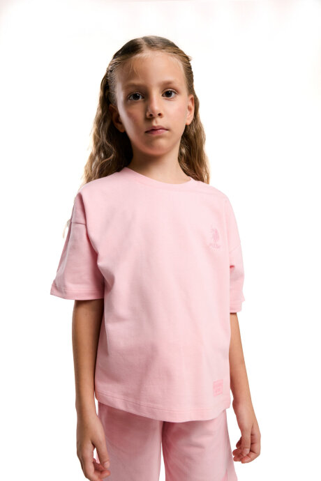 U.S. Polo Assn. Kız Çocuk Pamuklu Bisiklet Yaka Sargı Nakışlı Yazlık Regular Fit Pembe Bermuda Takım US2090-C-V3 - 3