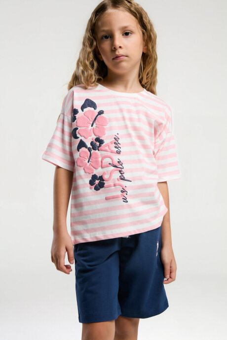 U.S. Polo Assn. Kız Çocuk Pamuklu Bisiklet Yaka Pigment Baskılı Yazlık Regular Fit Pembe Bermuda Takım US2074-C-V2 - 1