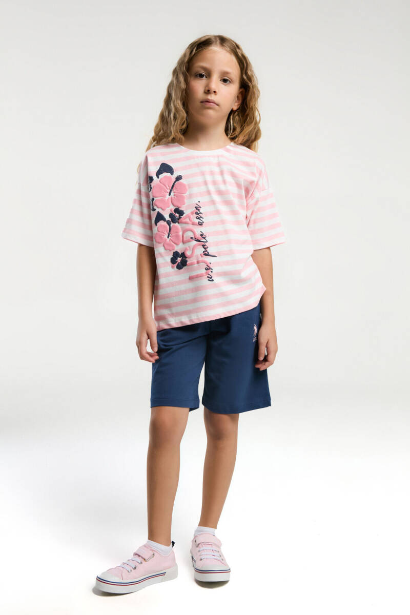 U.S. Polo Assn. Kız Çocuk Pamuklu Bisiklet Yaka Pigment Baskılı Yazlık Regular Fit Pembe Bermuda Takım US2074-C-V2 - 3