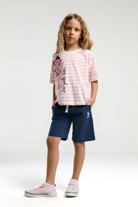 U.S. Polo Assn. Kız Çocuk Bisiklet Yaka Pigment Baskılı Yazlık Regular Fit Pembe Bermuda Takım US2074-C-V2 - 2