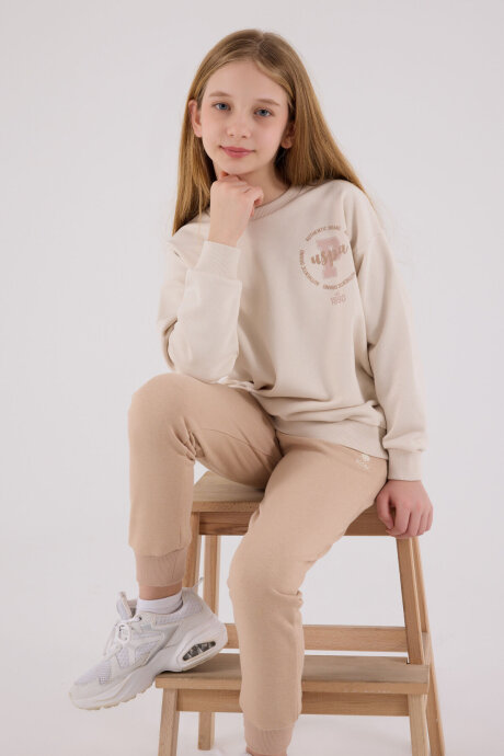 U.S. Polo Assn. Kız Çocuk Pamuklu Kışlık Regular Fit Krem Eşofman Takımı US2313-C-V2 - 2
