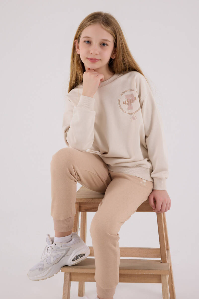 U.S. Polo Assn. Kız Çocuk Pamuklu Kışlık Regular Fit Krem Eşofman Takımı US2313-C-V2 - 2