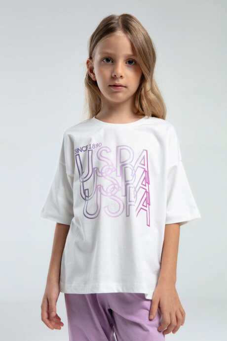 U.S. Polo Assn. Kız Çocuk Bisiklet Yaka Pigment Baskılı Yazlık Regular Fit Krem Pijama Takımı US2063-C-V1 (1)