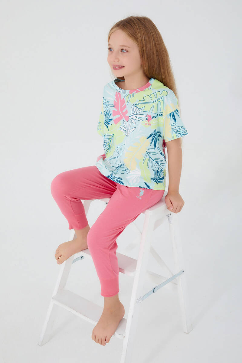 U.S. Polo Assn With Leaf Patterns Açık Yeşil Kız Çocuk Kısa Kol Pijama Takım U.S. Polo Assn With Leaf Patterns Açık Yeşil Kız Çocuk Kısa Kol Pijama Takım