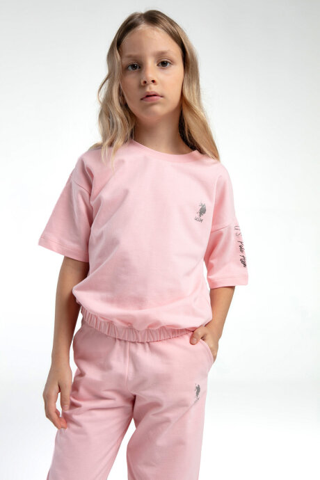 U.S. Polo Assn. Kız Çocuk Bisiklet Yaka Pigment Baskılı Yazlık Regular Fit Pembe Pijama Takımı US2083-C-V2 (1)